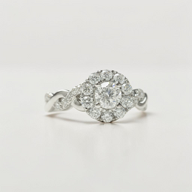 Custom Design by Harold – White Gold Round Diamond Halo Twisted Pave Ring