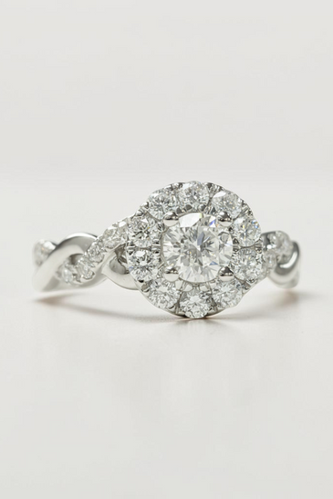 Custom Design by Harold – White Gold Round Diamond Halo Twisted Pave Ring