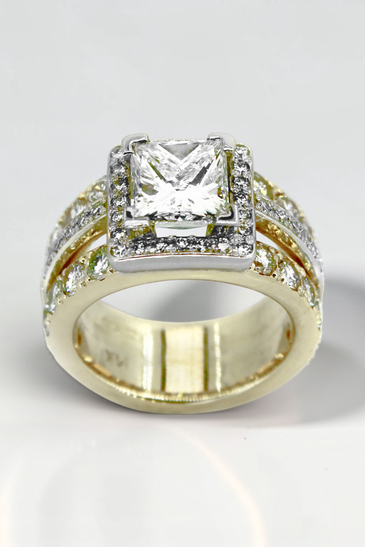 Custom Design by Harold – Two-Tone Gold Princess Diamond Halo Split Shank Ring
