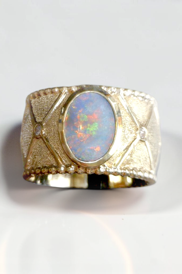 Custom Design by Harold – Yellow Gold Oval Opal Diamond Signet Ring