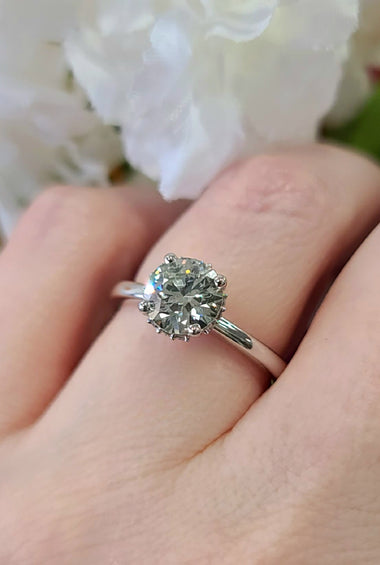 White gold solitaire ring with round lab diamond center and four prongs