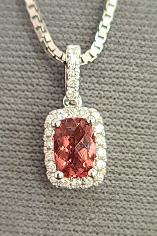 14kt white gold pink tourmaline pendant with oval halo and link chain