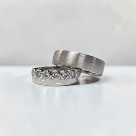 Custom Design by Harold – White Gold Diamond Bezel Band and Brushed Band Pair