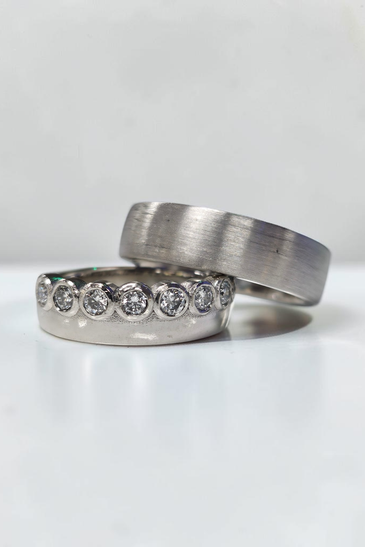 Custom Design by Harold – White Gold Diamond Bezel Band and Brushed Band Pair