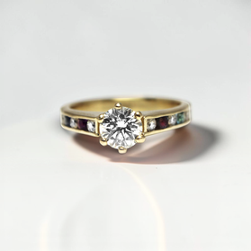 Custom Design by Harold – Yellow Gold Round Diamond Multicolor Gemstone Channel Ring