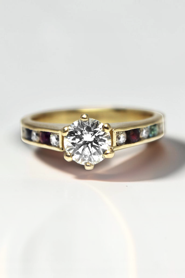 Custom Design by Harold – Yellow Gold Round Diamond Multicolor Gemstone Channel Ring