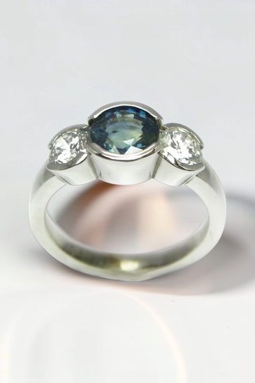 Custom Design by Harold – White Gold Blue Green Sapphire Diamond Three Stone Ring