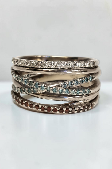 Custom Design by Harold – White Gold Diamond Blue Topaz Garnet Multirow Ring