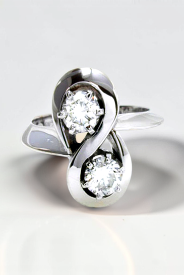 Custom Design by Harold – White Gold Two Diamond Sculptural Bypass Ring