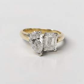 Custom Design by Harold – Yellow Gold Pear and Emerald Cut Diamond Two-Stone Ring