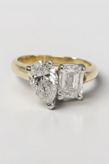 Custom Design by Harold – Yellow Gold Pear and Emerald Cut Diamond Two-Stone Ring