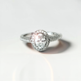 Custom Design by Harold – White Gold Oval Diamond Halo Split Shank Ring