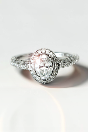 Custom Design by Harold – White Gold Oval Diamond Halo Split Shank Ring