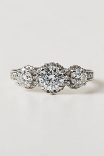 Custom Design by Harold – White Gold Three Diamond Halo Ring