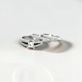 Custom Design by Harold – White Gold Princess Diamond Split Shank Bridal Set