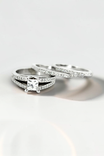 Custom Design by Harold – White Gold Princess Diamond Split Shank Bridal Set