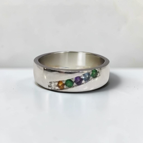 Custom Design by Harold – White Gold Multicolor Gemstone Diamond Wide Band