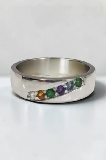 Custom Design by Harold – White Gold Multicolor Gemstone Diamond Wide Band