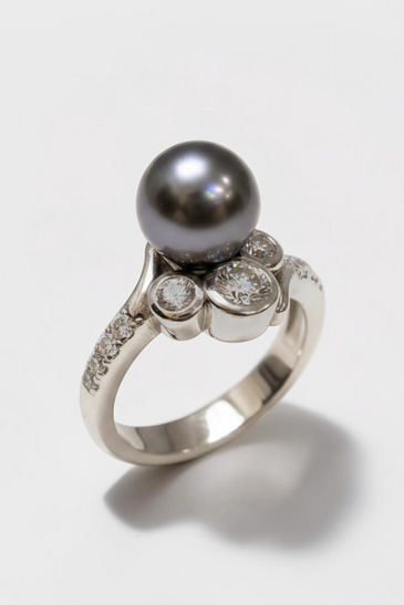 Custom Design by Harold – White Gold Tahitian Pearl Diamond Cluster Ring