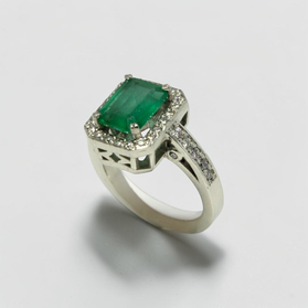 Custom Design by Harold – White Gold Emerald Cut Emerald Diamond Halo Ring