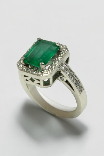 Custom Design by Harold – White Gold Emerald Cut Emerald Diamond Halo Ring