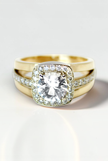 Custom Design by Harold – Yellow Gold Round Diamond Cushion Halo Wide Ring