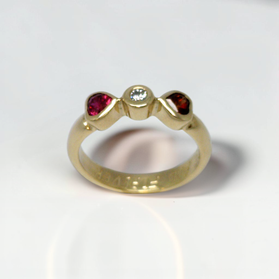 Custom Design by Harold – Yellow Gold Ruby Diamond Garnet Three Stone Ring