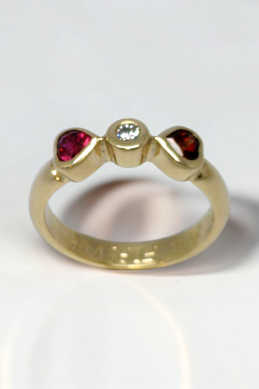 Custom Design by Harold – Yellow Gold Ruby Diamond Garnet Three Stone Ring