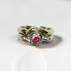 Custom Design by Harold – White Gold Ruby Diamond Wave Bridal Set