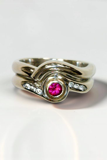 Custom Design by Harold – White Gold Ruby Diamond Wave Bridal Set