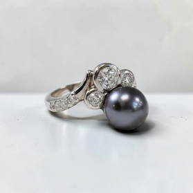 Custom Design by Harold – White Gold Tahitian Pearl Diamond Cluster Ring