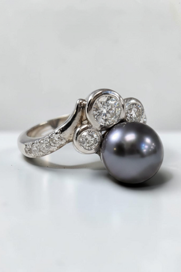 Custom Design by Harold – White Gold Tahitian Pearl Diamond Cluster Ring