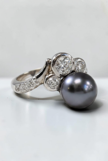 Custom Design by Harold – White Gold Tahitian Pearl Diamond Cluster Ring