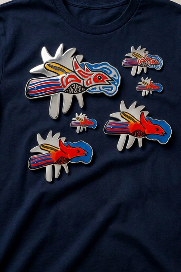 A navy blue short-sleeve t-shirt featuring multiple colorful bird-shaped enamel pins with silver and gold accents.