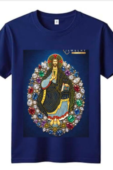 A navy blue short-sleeve t-shirt with a large graphic print of a religious figure surrounded by colorful gemstones, with the brand name 'JEWELRY by HAROLD' printed above the graphic.