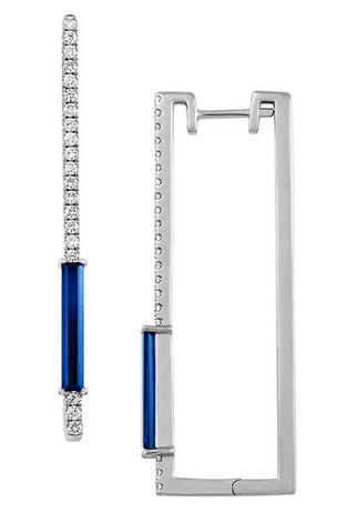 14kt WG Chatham Sapphire Lab Diamond Rectangle Hoop Earrings