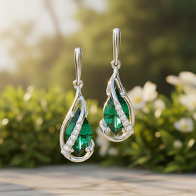 A pair of white gold drop earrings featuring marquise-cut green lab-emerald and melee diamonds 