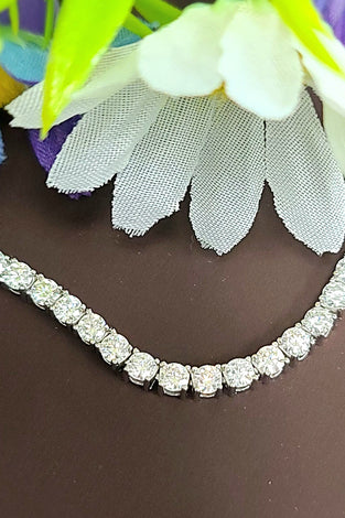 Sterling silver tennis necklace with round moissanite stones, prong-set along chain