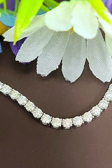 Sterling silver tennis necklace with round moissanite stones, prong-set along chain