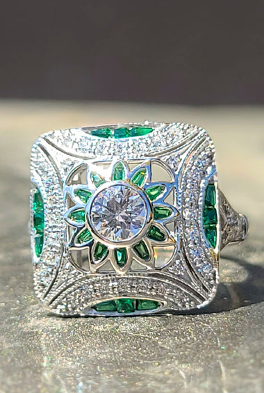 Sterling silver square art deco ring with clear round center stone and green CZ accents