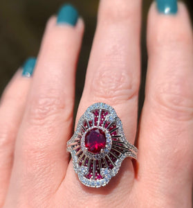 art deco inspired ring with cz stones and lab grown rubies