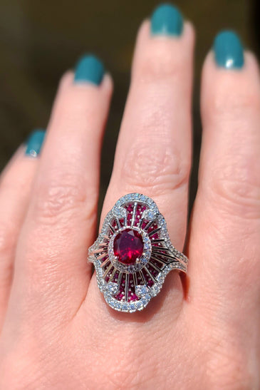 art deco inspired ring with cz stones and lab grown rubies