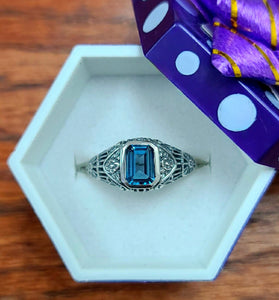 sterling silver and blue topaz art deco ring