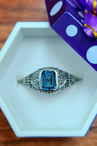 sterling silver and blue topaz art deco ring