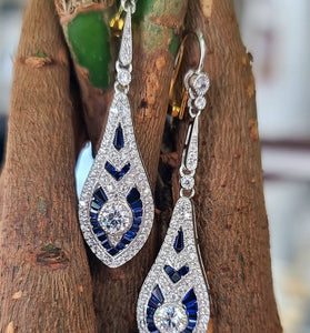 Sterling silver teardrop dangle earrings with blue and clear CZ stones, art deco style