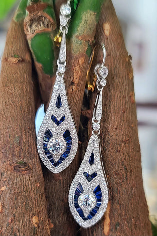 Sterling silver teardrop dangle earrings with blue and clear CZ stones, art deco style