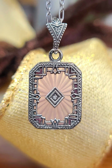 Sterling Silver Pink Glass Art Deco Pendant