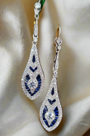 Sterling Silver Blue White CZ Art Deco Dangle Earrings