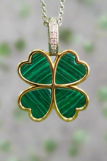 Sterling Silver YGP Malachite Four Leaf Clover Pendant