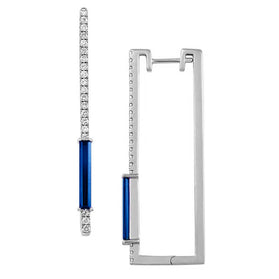 Rectangular white gold hoop earrings with blue center bar and diamond accents
